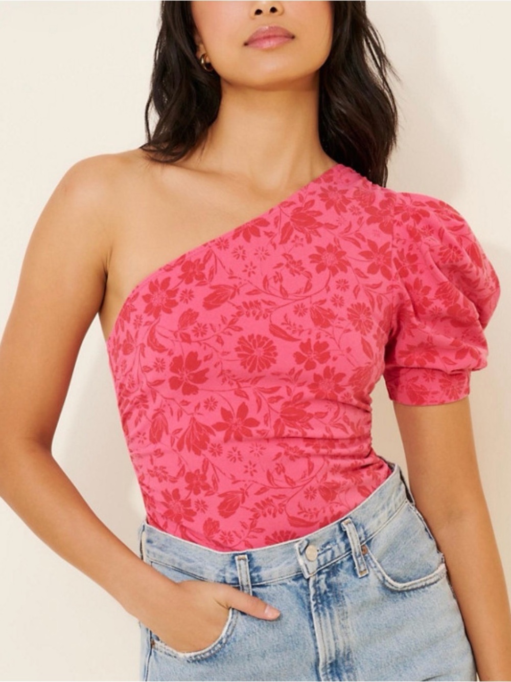 Free People Somethin Bout You One-Shoulder Floral Bodysuit Medium Hot Pink